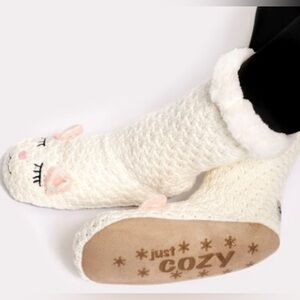 Just Cozy Slipper Socks Cream White & Pink Cat Face Sz 5-8 NWT